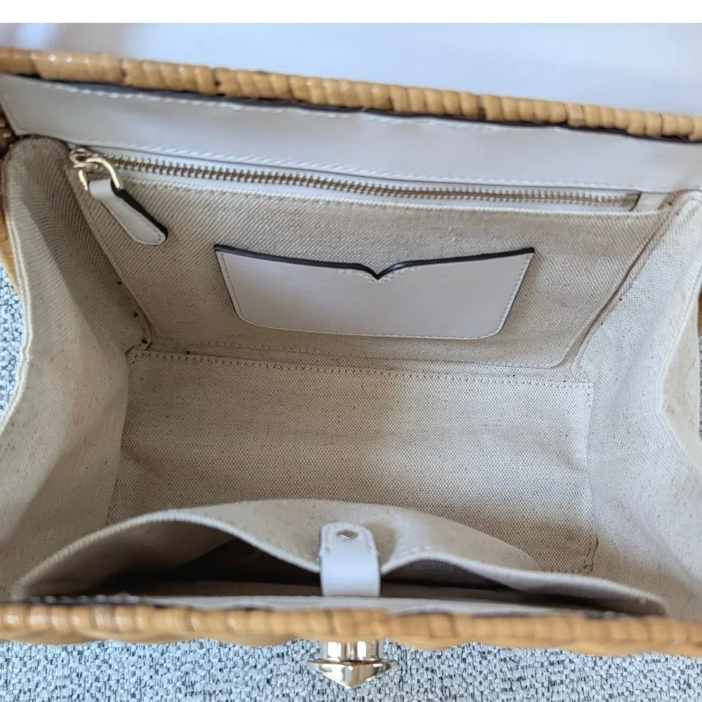 Kate Spade Romy Wicker Medium Top Handle Bag White Blue Woven